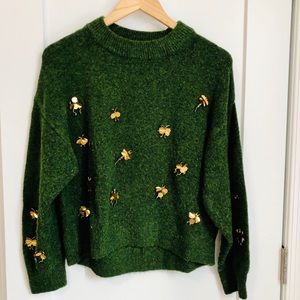 Green Fitted Sweater; Gold Insect Embellishment